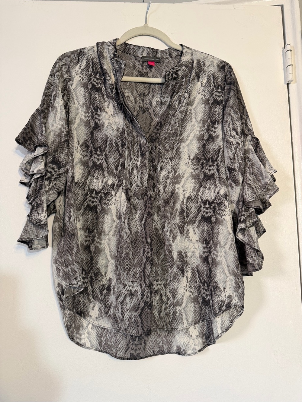 Vince Camuto Gray Snake-Print Ruffle Sleeve V-Neck Blouse
